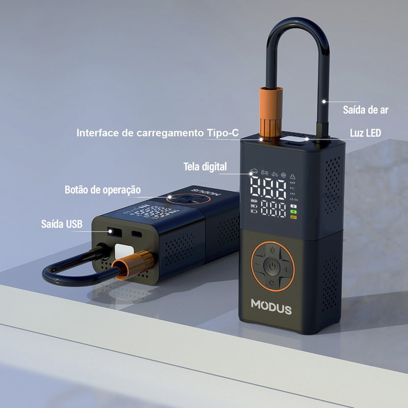 Compressor de Ar Recarregável Portatil com Calibrador e Luz de Emergência