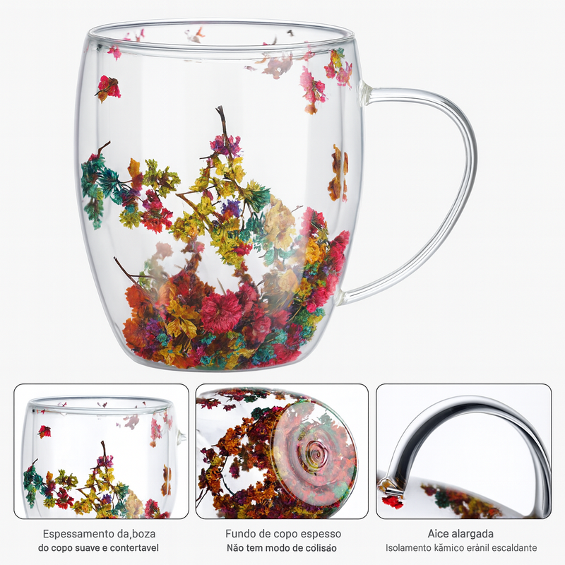 Xícara De Vidro Parede Dupla Com Flor Seca