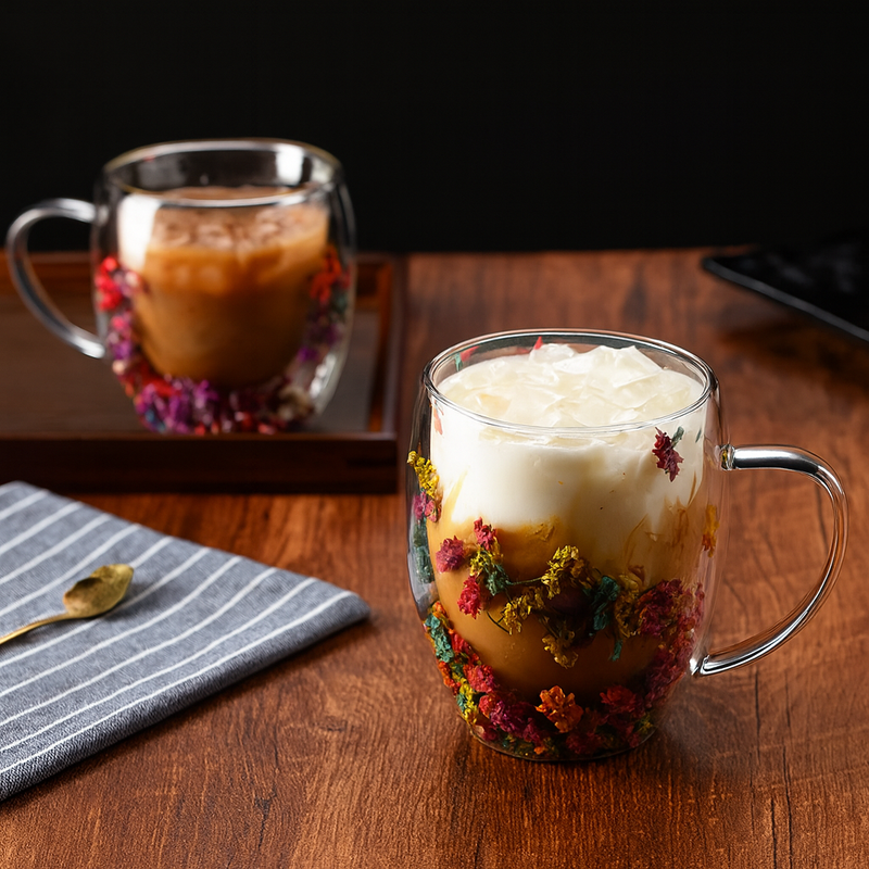 Xícara De Vidro Parede Dupla Com Flor Seca