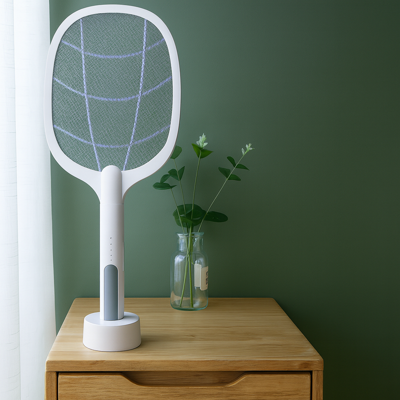 Raquete Elétrica Mata Insetos Recarregável com Base e Luz Led.