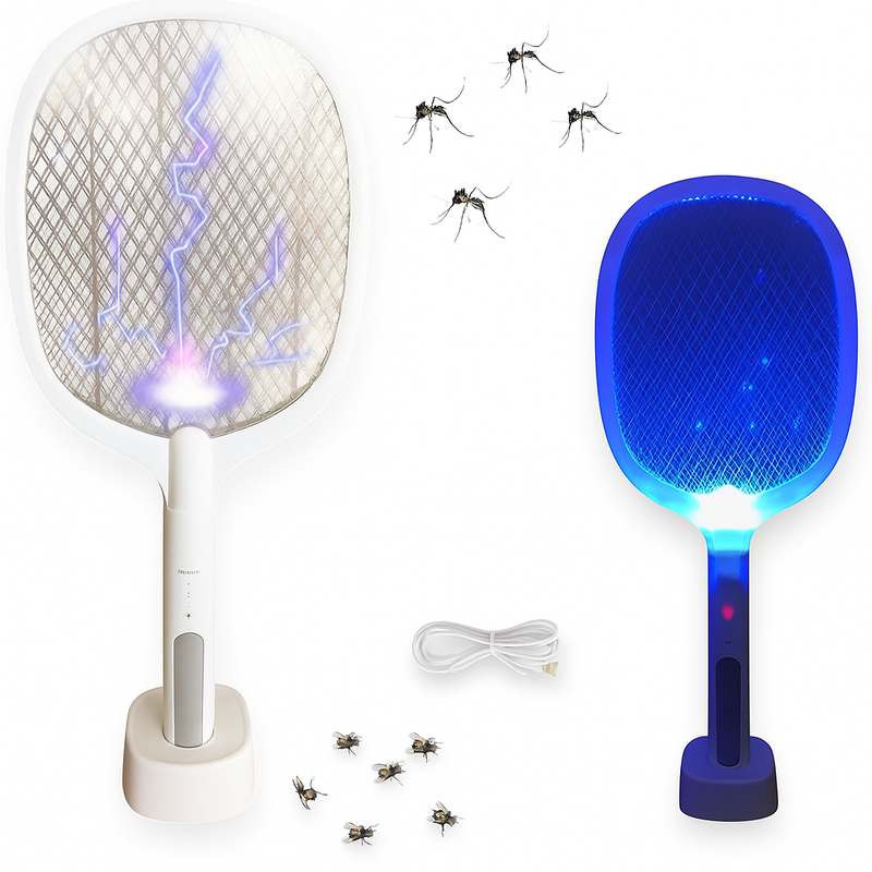 Raquete Elétrica Mata Insetos Recarregável com Base e Luz Led.