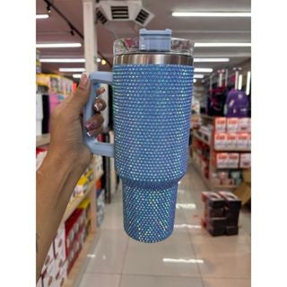 Copo Térmico 1200ml Com Strass Brilhante Com Alça Tampa E Canudo