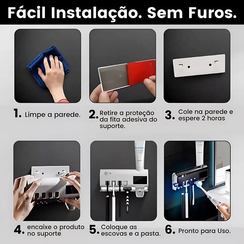 Suporte Dispenser Aplicador Pasta Escova de Dentes Esterilizador Com Luz UV
