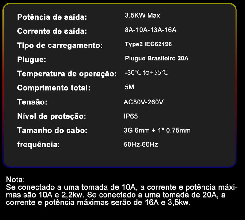 TAYSLA Carregador Phantom Plus para Carros Elétricos, 7kW, 32A, 3,5kW, 16A, 80V