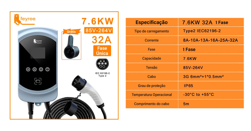 Carregador de Carro Estação de Carregamento, WallBox com Exibição Tempo Reserva