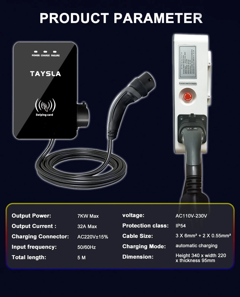 Estação de carregamento de veículo elétrico TAYSLA tipo 2 7kW 32A 5M