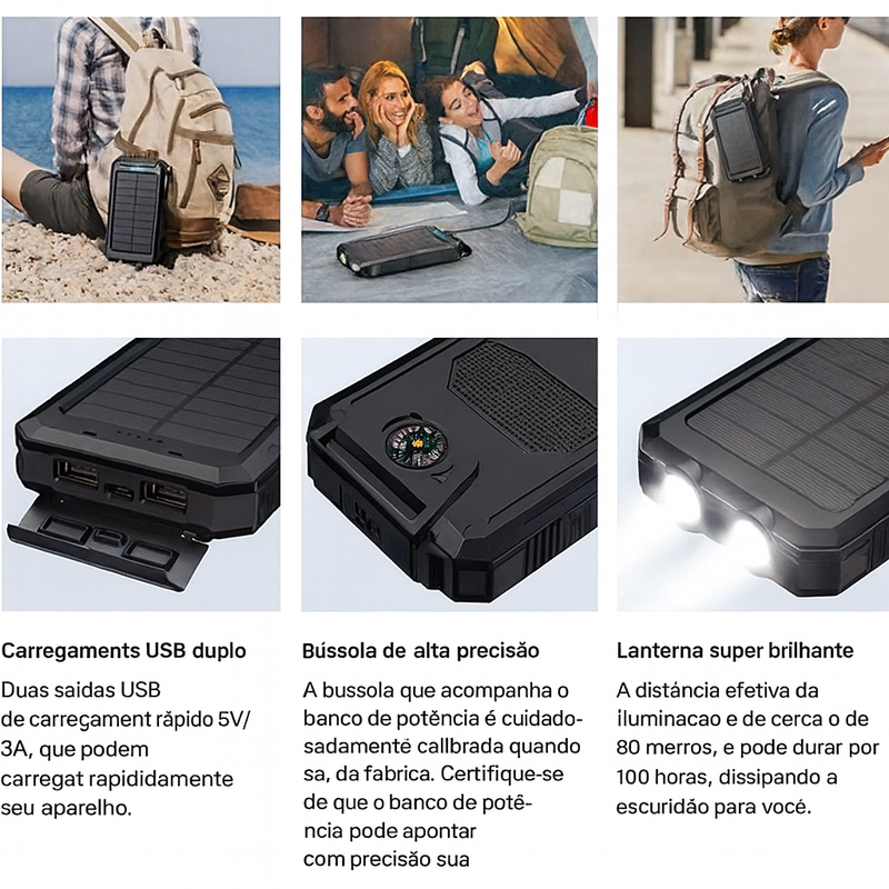 Carregador Portátil Power Bank Solar USB Laranja.