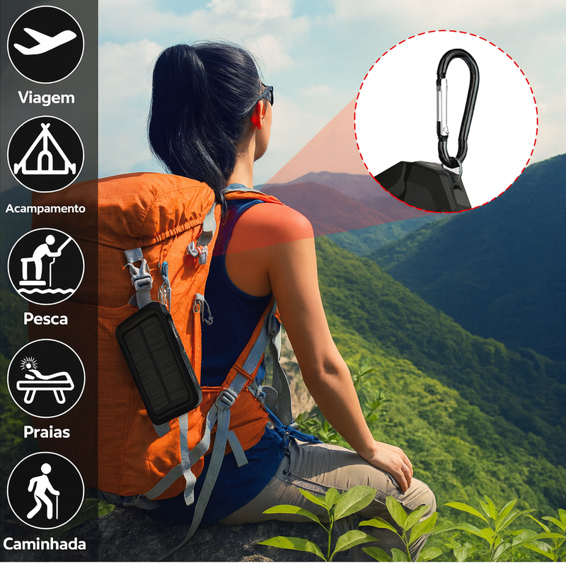 Carregador Portátil Power Bank Solar USB Laranja.