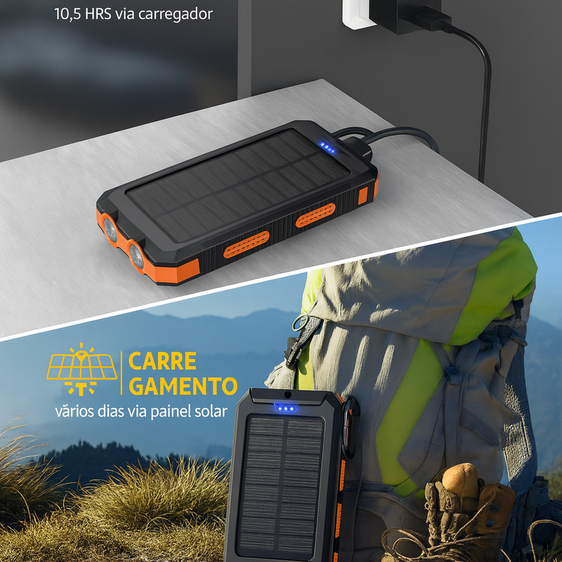 Carregador Portátil Power Bank Solar USB Laranja.