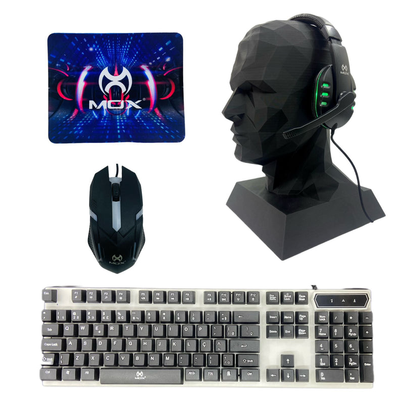 Kit Gamer Teclado Mouse Headset e Mouse Pad com Iluminação LED, USB, Som Estéreo e DPI Ajustável