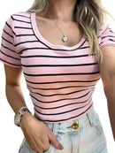 Cropped Feminino Manga Curta Gola Redonda Listrado Gleiciane
