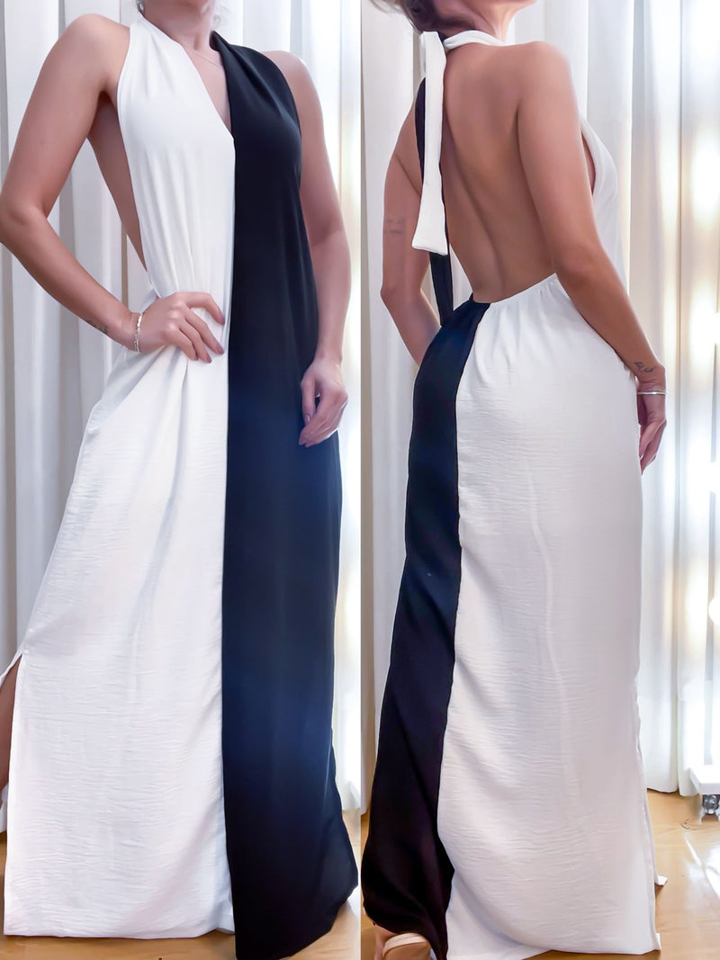Vestido Feminino Longo Frente Única Bicolor Judite