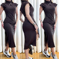 Vestido Feminino Midi em Ribana Manga Muscle com Gola Cintia